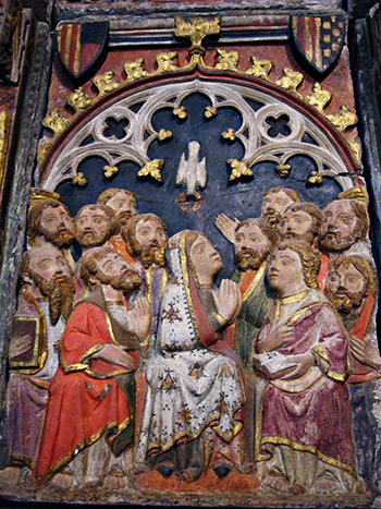 Fragment del retaule de l'església parroquial d'Albesa. El feren realitzar els pares de Cecília, Pere d'Urgell i Margarida de Montferrat i hi figuren els seus escuts. Fotografia de Virgínia Costafreda