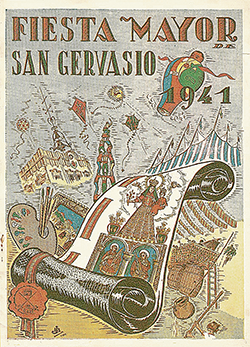 Portada del programa de la Festa Major de Sant Gervasi del 1941. El dibuix aplega elements referents de les festes majors i de Sant Gervasi i, entre ells, a la dreta, hi ha un envelat. Imatge cedida per Jordi Pablo i Grau, Arxiu Festiu de Catalunya, Fundació Privada